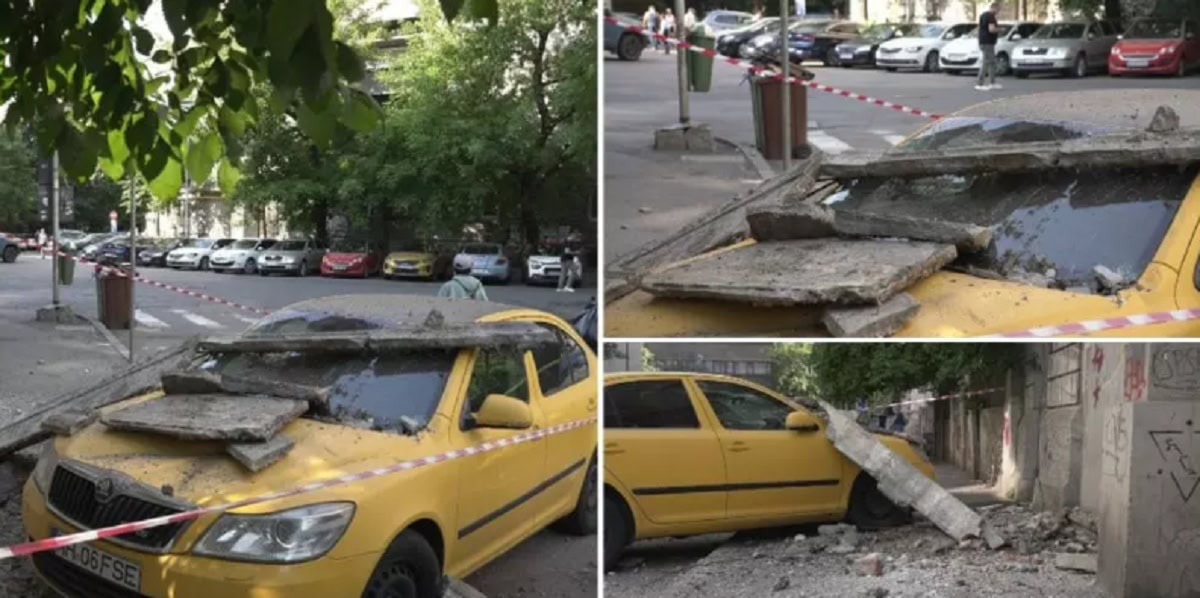 Balcon prăbușit peste o mașină în centrul Capitalei, blocul fiind în clasa I de risc seismic.