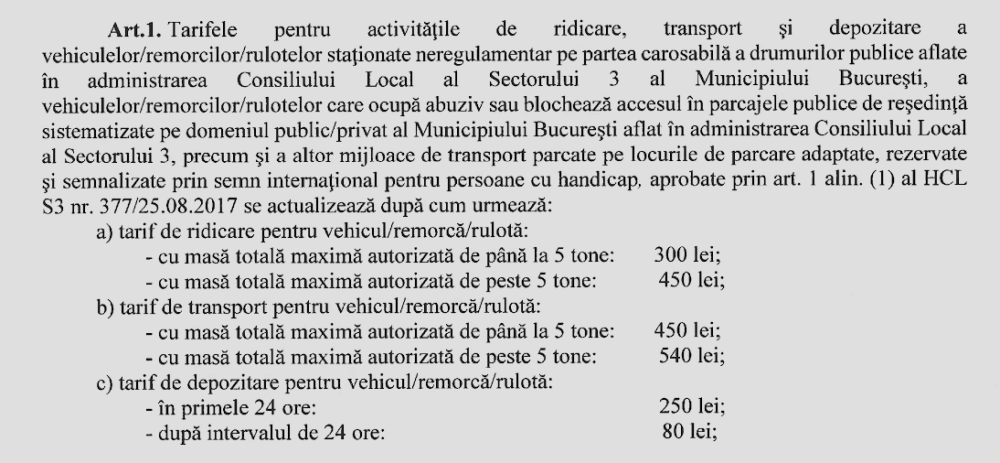 depozitarea vehiculelor parcate ilegal