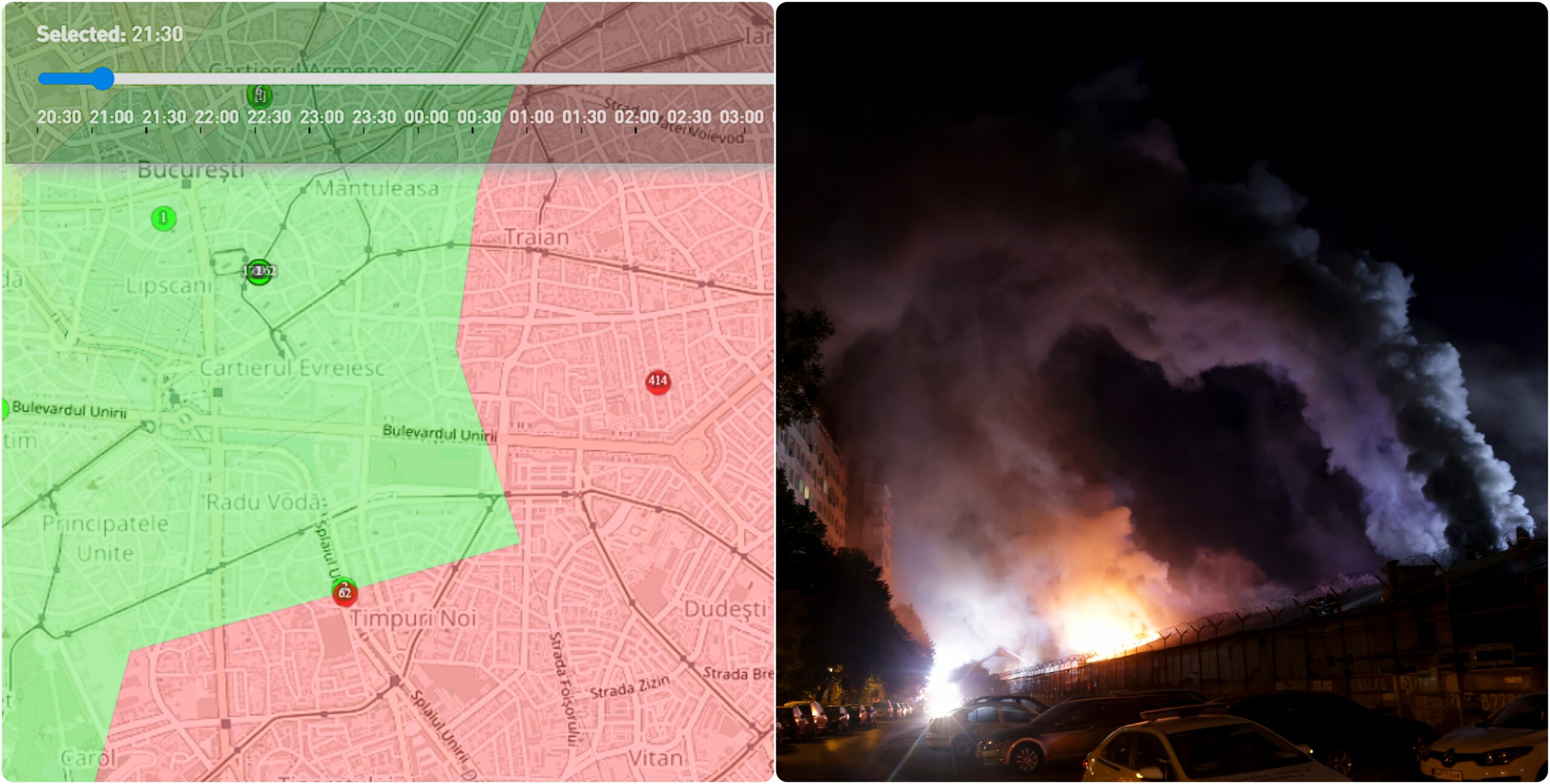 Harta poluării nocturne, după incendiul din Pantelimon. Record toxic la valorile PM 2.5 care au urcat până la 414 µg/m³