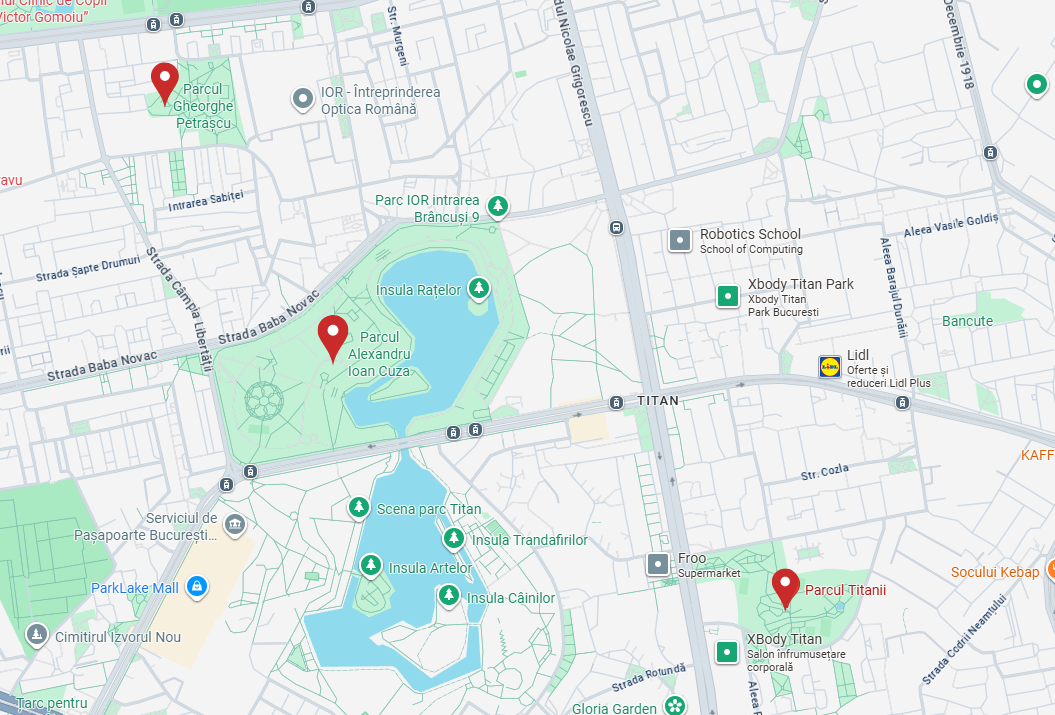 Aproape 43 milioane euro pentru modernizarea Parcului IOR. „Hub acvatic” și „working pods”, printre propuneri. Sunt vizate și două parcuri mai mici zonă. Foto: Google Maps