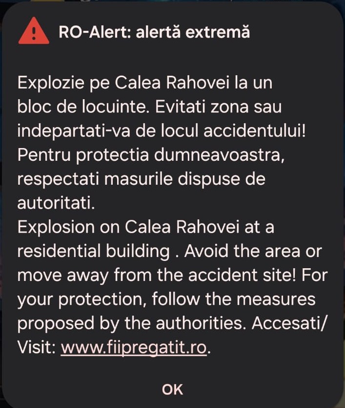 A fost emis mesaj RO-ALERT după explozia din Rahova: „Evitați zona!”
