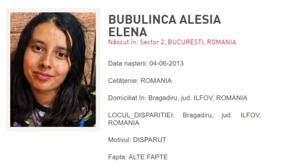 Fată de 13 ani, dispărută din Bragadiru. Foto: Poliţia Română
