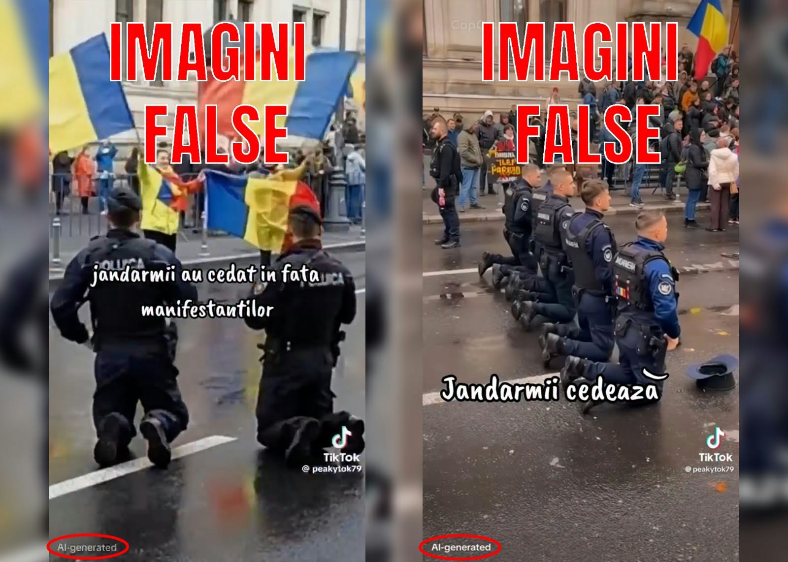 Imagini false cu jandarmi îngenunchiați în fața susținătorilor lui Călin Georgescu, distribuite online