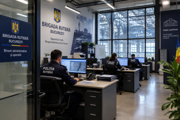 Brigada Rutieră se mută la Hala Laminor. Ghișeele vor fi închise temporar. FOTO: Imagine generată cu AI