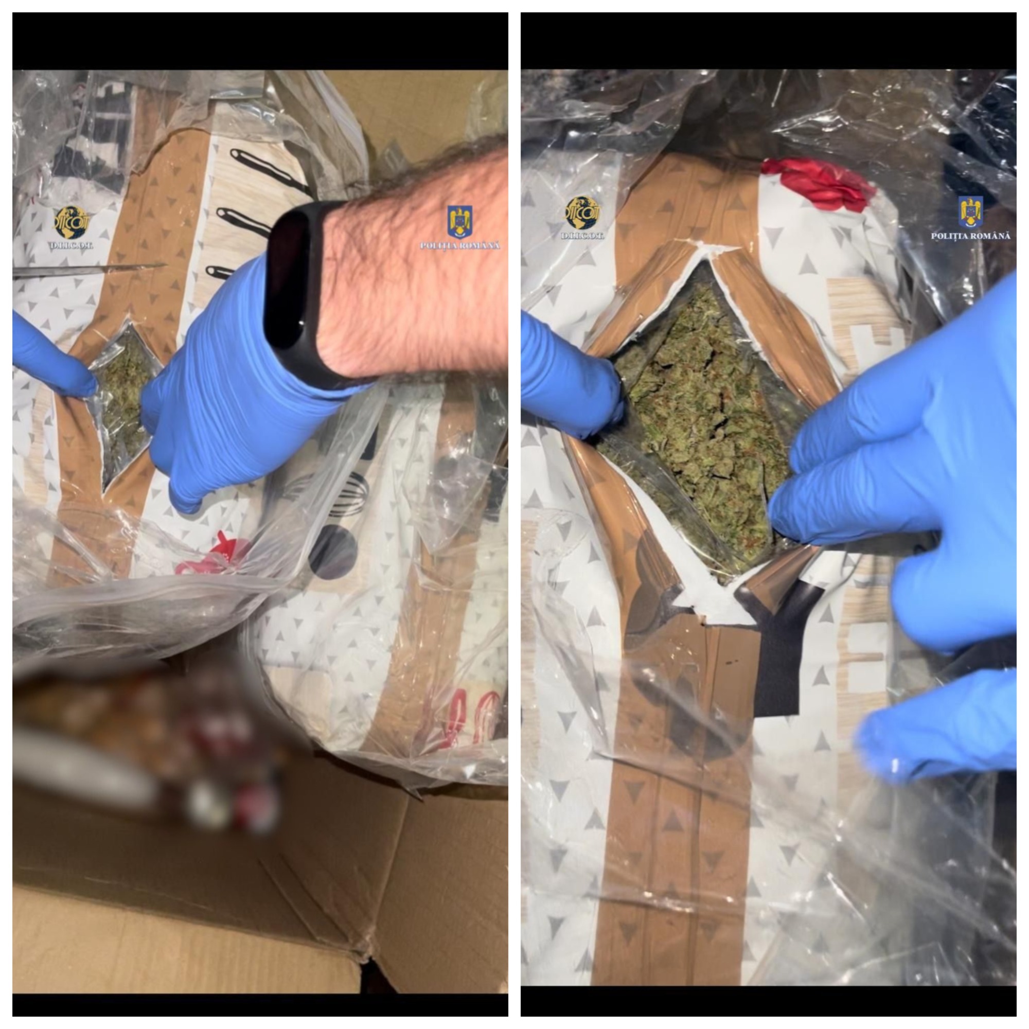 Opt kilograme de droguri achiziționate din Spania, expediate la București prin curier, mascate în colet cu alimente.